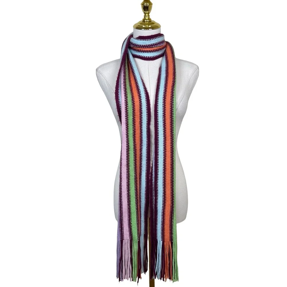 Vintage Aeropostale Scarf Women Multicolor Striped Knit Fringe Boho Y2K